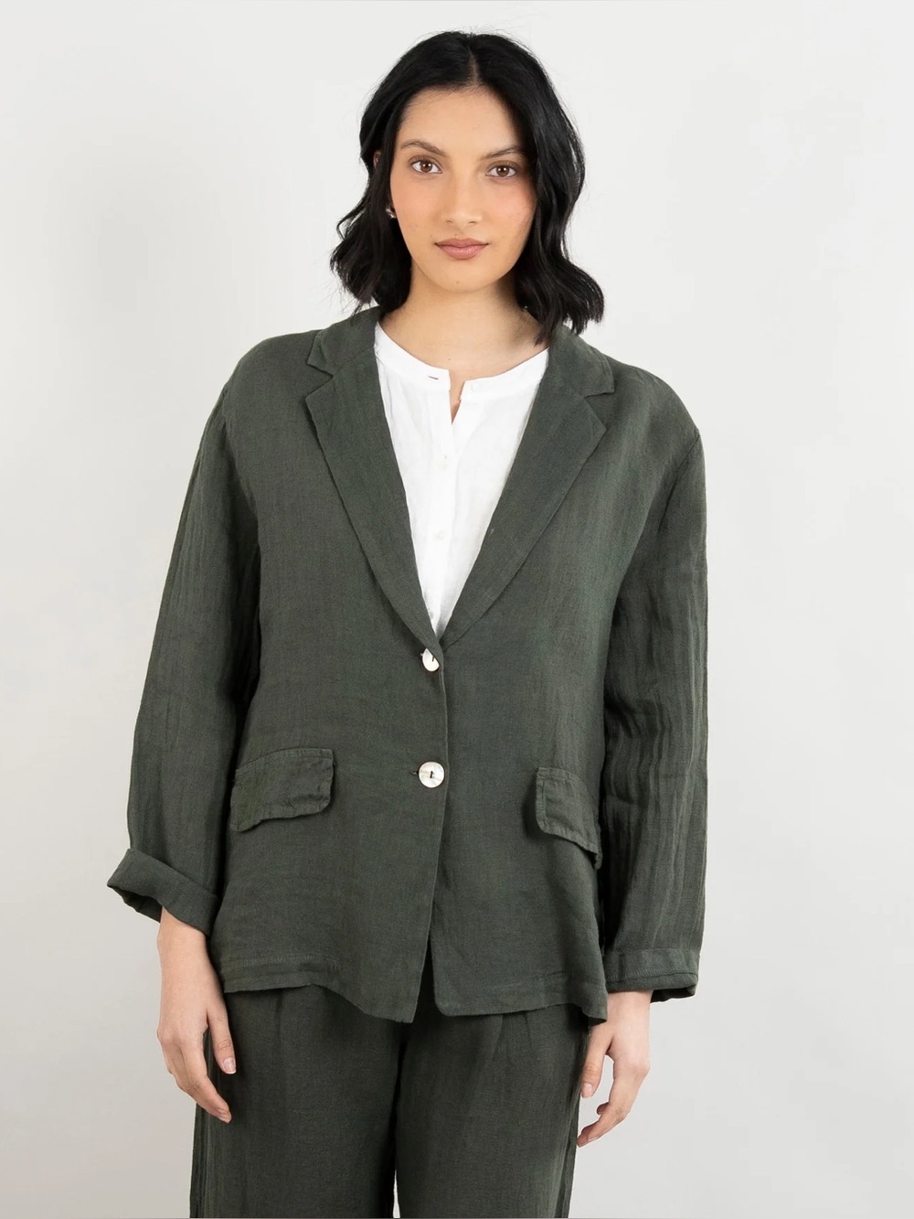 Pistache Italy 100% Linen Blazer Military Green Size Large Single Breasted
